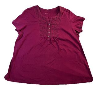 Woman Within Henley Crochet Eyelet Neckline Short Sleeve Plum Purple Top Size 1X